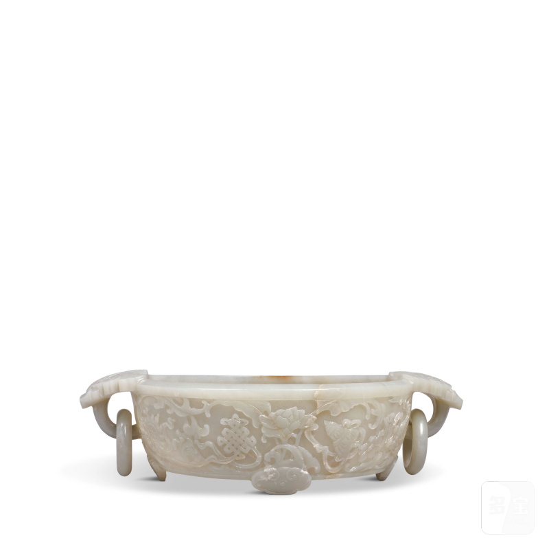 十八/十九世紀 青玉雕八吉祥靈芝紋活環三足洗 | A CELADON JADE 'BAJIXIANG' 'LINGZHI' MARRIAGE BOWL